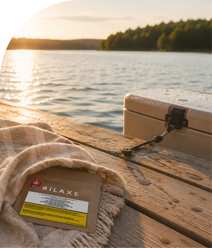Rilaxe cannabis product on a lakeside dock during the dog days of summer